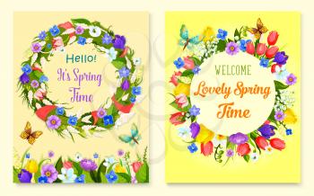 Hello spring flower frame and floral wreath cards. Springtime holiday flower wreath of tulip, narcissus, snowdrop, lily of the valley, crocus with red ribbon, butterfly. Spring celebration design