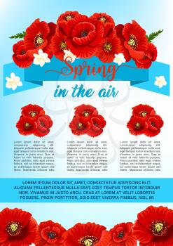Spring is in the air vector poster design of poppy flowers and cherry blossom bunches. springtime holiday greeting quotes with blooming flower bouquets and flourish petal blossoms