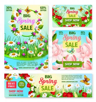 Spring sale best price offer flyer template. Spring floral frame with wreath of daisy, crocus, poppy and clover flowers with wild flower grass field and butterfly. Clearance sale web banner design