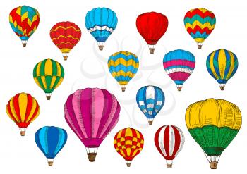 Hot air balloon vector sketch icons. Vector isolated patterned inflated hoppers or cloudhopper balloons aircraft with zig zag, stripes and ornament design and gondola in tourist flight