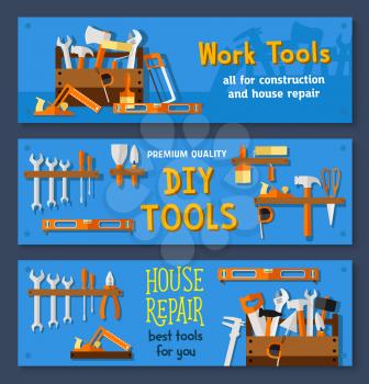 Work tools vector banners for repair. Carpentry tape measure ruler, wrench and screwdriver, drill or hammer and saw, plaster trowel and paint brush, toolbox of mallet and pliers for do-it-yourself