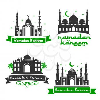 Ramadan Kareem Muslim holiday greeting text with mosque minarets, crescent moon light and shining star in sky. Vector icons and ribbons set with Arabic calligraphy text for Islamic or Muslim religious