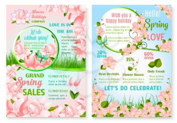 Spring flowers sale vector poster for discount promo offer on springtime holiday floral bouquets and bunches. Design of blooming pink orchids blossoms on green flourish grass fields