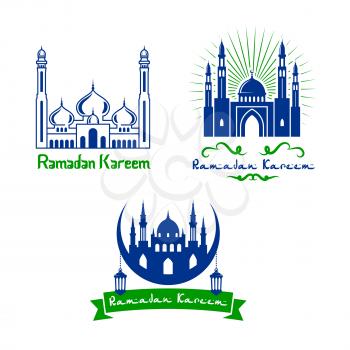 Ramadan Kareem greeting design of mosque and crescent moon, lanterns and ribbons with Arabic ornaments. Calligraphy text for Ramazan Mubarak traditional Islamic or Muslim religious holiday celebration