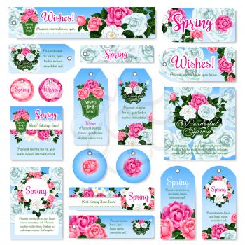 Spring rose flower tag and label set. Spring flower bouquet and frame border of pink and white roses, peony and crocus with green leaf and floral bud. Springtime holidays greeting card design