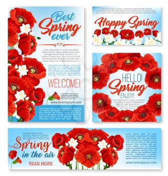 Hello spring springtime floral banner template. Spring flower greeting card with poppy wreath, festive poster and invitation flyer with floral border of crocus and poppy flowers. Spring holidays desig