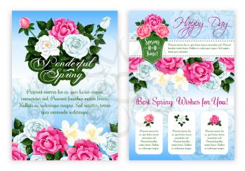 Happy Spring floral poster template. Springtime flower of rose and peony bouquet with green leaf, floral bud, greeting wishes text layout with floral border decoration. Spring season holiday design
