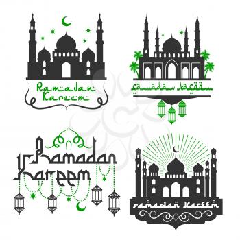 Ramadan Kareem greetings for Muslim religious holiday celebration. Vector icons set with mosque minarets, lantern lights ornament, crescent moon and star in sky with Arabic calligraphy