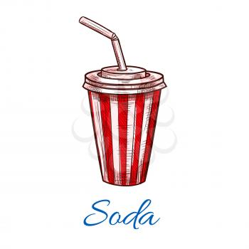 Soda drink sketch or lemonade in fast food paper cup with plastic lid and drinking straw. Vector red and white stripes traditional fastfood juice drinks and soda beverages design for takeaway or deliv