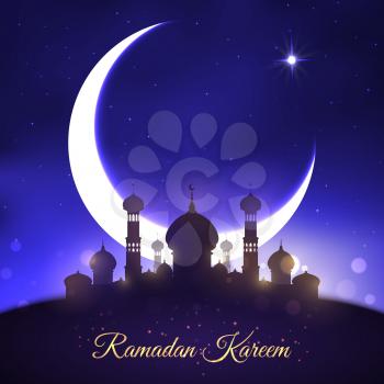 Ramadan Kareem greeting card with mosque, crescent moon and shining star in night sky. Vector design of lanterns in minarets and Ramazan Mubarak text for Islamic or Muslim traditional religious holida