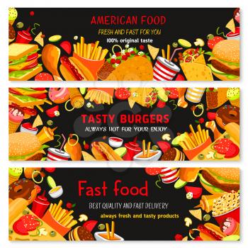 Fast food restaurant vector banners. Set of fastfood meals and snacks, burgers, hot dog and pizza. Barbecue chicken wings and frill nuggets, cheeseburger and french fries combo, popcorn and ice cream 