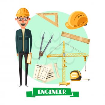 Engineer profession cartoon icon. Architect or civil construction engineer in yellow hard hat with architectural drawing, rules, tape measure, compasses and tower crane. Construction industry design