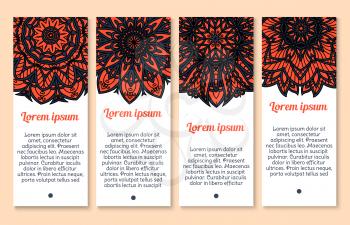 Banner template with floral paisley pattern. Circle mandala flower with blue and red paisley ornament and indian flourish decorative elements. Business card, invitation flyer and greeting card design