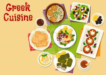 Greek cuisine healthy dishes icon of toast with cheese, olive and tomato, seafood vegetable salad, meatball with pasta, yogurt dessert, meat dolma, honey cookie, grilled zucchini with feta