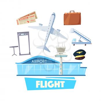 Airport and flight service cartoon icon. Airport building with airplane, flight ticket, luggage, security gate and mobile passenger stairs. Air tourism, travel, business trip or vacation themes design