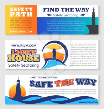 Sea transportation safety, nautical navigation banner set. Lighthouse tower badges with ocean waves and text layout for marine travel, safety seafaring concept design