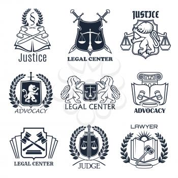 Law firm heraldic shield symbol set. Lawyer office emblem with scales of justice, crossed judge gavel and sword, law book and lion, framed by laurel wreath. Legal services center and advocacy design