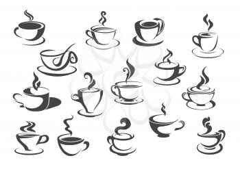 Cup of hot drink icon set. Coffee cup and tea mug isolated silhouette with saucer, spoon and hot steam curl for coffee shop label, cafe and restaurant beverage menu design