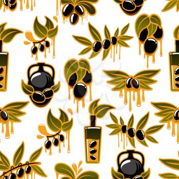 Olives seamless pattern background. Black olive fruit on branch with green leaf and oil drop, bottle and jug of natural organic olive oil for vegetarian food and mediterranean cuisine themes design