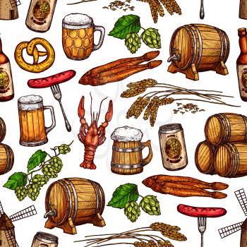 Beer drinks seamless pattern background. Beer glass, bottle, wooden barrel and can sketches with snack food, grilled sausage, pretzel, fish, crayfish, hop and barley. Pub, bar, oktoberfest menu design