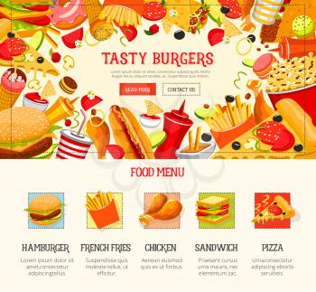 Fast food restaurant menu template. Burger, hamburger, pizza, hot dog and french fries, sandwich and donut, sweet soda, chicken and taco, ice cream, popcorn, burrito. Takeaway menu web banner design