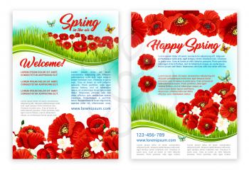 Happy spring holidays cartoon poster template. Spring flower field of poppy, crocus and green grass with flying butterflies. Spring floral greeting card or invitation flyer design