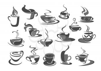 Coffee cups vector icons set for coffehouse, cafeteria or cafe templates or menu element. Symbols of hot chocolate mug with americano, frappe latte, strong espresso cup or macchiato for coffee shop