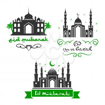 Eid Mubarak Muslim religious festival celebration greetings in Arabic calligraphy. Vector icons set of mosque in crescent moon and twinkling star for traditional Islamic or Blessed Eid Mubarak