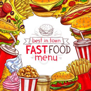 Fast food menu cover template for fastfood restaurant. Design of burgers, drinks, sandwiches or combo menu and desserts. Chicken grill legs and wings, ice cream, cheeseburger or hamburger, hot dog and