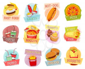 Fast food vector icons set for restaurant menu design elements. Isolated set of hamburger and sauces, hot dog and pizza, coffee and chicken nuggets, desserts and street food snack, burrito and french 