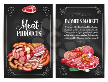 Meat products of farmers market. Butchery shop meat delicatessen of ham or bacon brisket, butcher gourmet gastronomy of frankfurter or saveloy sausages and cervelat, pork lard, salami and steak