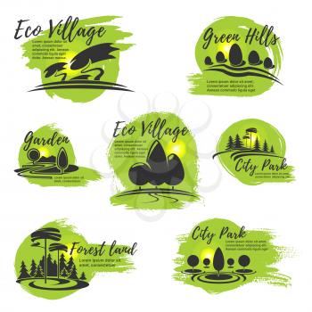 Eco gardening or urban horticulture and planting design company vector icons set. Green village and parkland or woodlands nature landscaping service symbols of trees and greenery