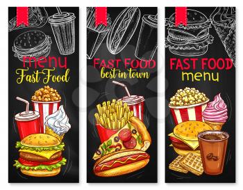 Fast food restaurant vector menu banners set of hamburger and french fries combo meal, cheeseburgers and pizza, soda or coffee drinks and ice cream dessert, hot dog and chicken nuggets