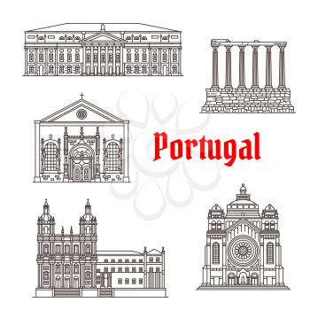 Portugal architecture and Portuguese famous landmark buildings. Vector isolated icons and facades of Santa Lucia Basilica, Sao Vicente de Fora Church or Monastery, Diana Evora Temple, National Theater