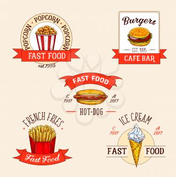 Fast food restaurant vector icons set. Isolated symbols of popcorn bucket and burger or cheeseburger, hot dog and french fries, ice cream dessert for fastfood menu with label ribbons
