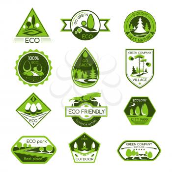 Eco nature and green environment vector icons for ecology planting and gardening company. Isolated symbols set of forest trees, garden parks and parklands or woodlands for outdoor nature eco-friendly 