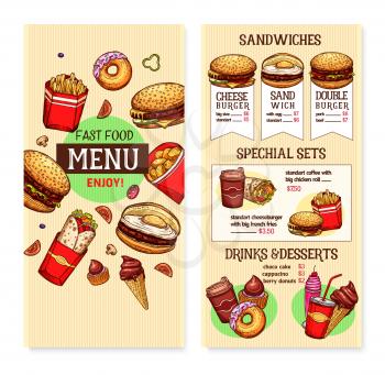 Fast food vector menu for burgers, hamburgers and cheeseburgers. Price for fastfood snacks, meals and desserts french fries and hot dog combo, pizza, soda drink and coffee or ice cream dessert