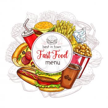 Fast food restaurant menu cover vector template. Design of fastfood meals, snacks and desserts, burger sandwiches, hamburgers and cheeseburgers with french fries and hot dog, pizza and ice cream