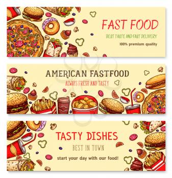 Fast food restaurant vector banner set. Fastfood french fries and popcorn snacks, hamburger and cheeseburger sandwiches and hot dog, chicken nuggets and barbecue wings, ice cream and donut dessert