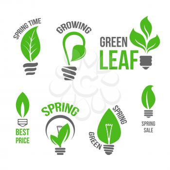 Spring Time vector isolated icons set of green leaf and plants sprouts or growing tendrils in shape of electric lamp light bulbs. Symbols of green energy for springtime promo sale design labels