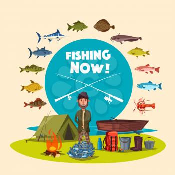 Fisherman with big fish catch. Vector fisher man in fishing camp with tent, fire and boat. Set of fishing rod and tackle, camping supplies and fishes salmon or trout, carp and pike, lobster and sheatf
