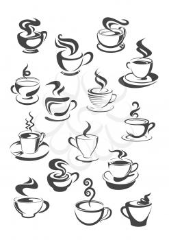 Cup of coffee isolated icon set. Cup and mug of fresh brewed coffee, espresso, cappuccino or mocha with saucer and swirl of steam. Cafe or coffee shop menu, food and drink themes design