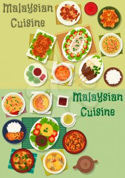 Malaysian cuisine healthy food icon set of chicken and beef with rice and vegetable, grilled meat, chicken curry, noodle soup with shrimp and pork, fish and lamb stew, fried rice, coconut dessert