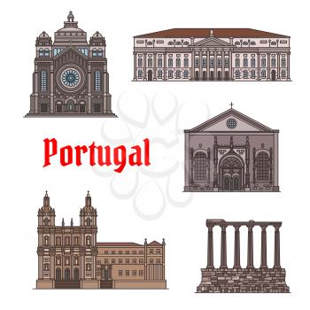 Portuguese travel landmark of famous architectural sights thin line icon set. Basilica of Santa Luzia, Monastery of Sao Vicente de Fora, Temple of Diana, National Theatre, Church of Nossa Senhora