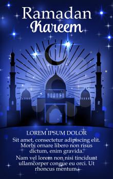 Muslim mosque with crescent moon and stars on night sky for Eid Mubarak and Ramadan Kareem holy month greeting card design