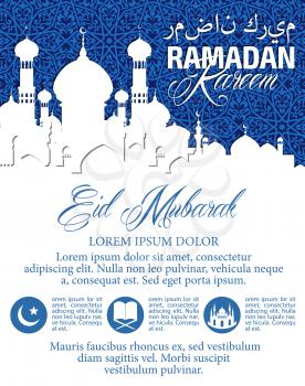 Ramadan celebration poster. Muslim mosque and Ramadan lanterns with arabic ornament on blue background with text layout, crescent moon and stars