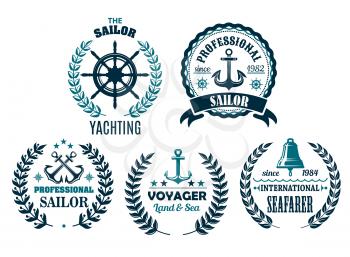 Yachting and sailor or marine voyager club heraldic nautical icons. Vector badges set of ship bell, helm and anchor, laurel wreath on stars and navy captain compass or wind rose