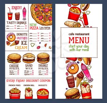 Fast food menu price template for fastfood restaurant or cafe. Vector design of hot dogs, burgers or cheeseburgers, donut and cakes or ice cream desserts and french fries or popcorn snacks and drinks