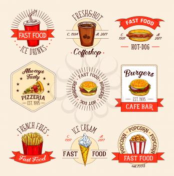 Fast food meals icons for restaurant menu. Vector isolated symbols of soda or coffee drink, hot dog or pizza and cheeseburger and hamburger. Fastfood french fries snacks and ice cream desserts