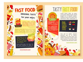 Fast food restaurant posters set. Vector design of hot dog, cheeseburgers and sandwiches, combo meals and pizza or street food snacks of burgers, french fries and ice cream or donut desserts